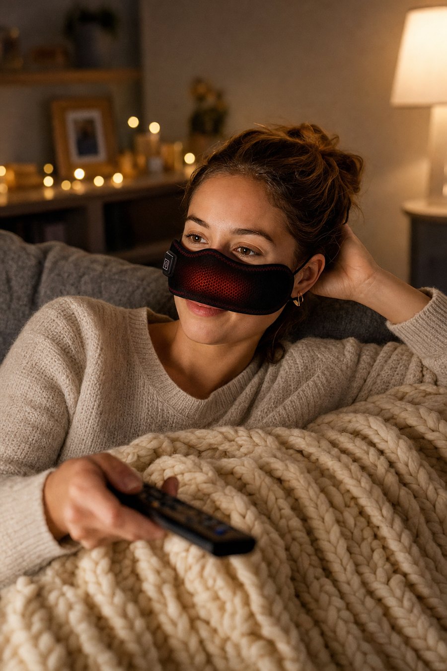 Woman relaxing on the sofa wearing the Sinus Halo band