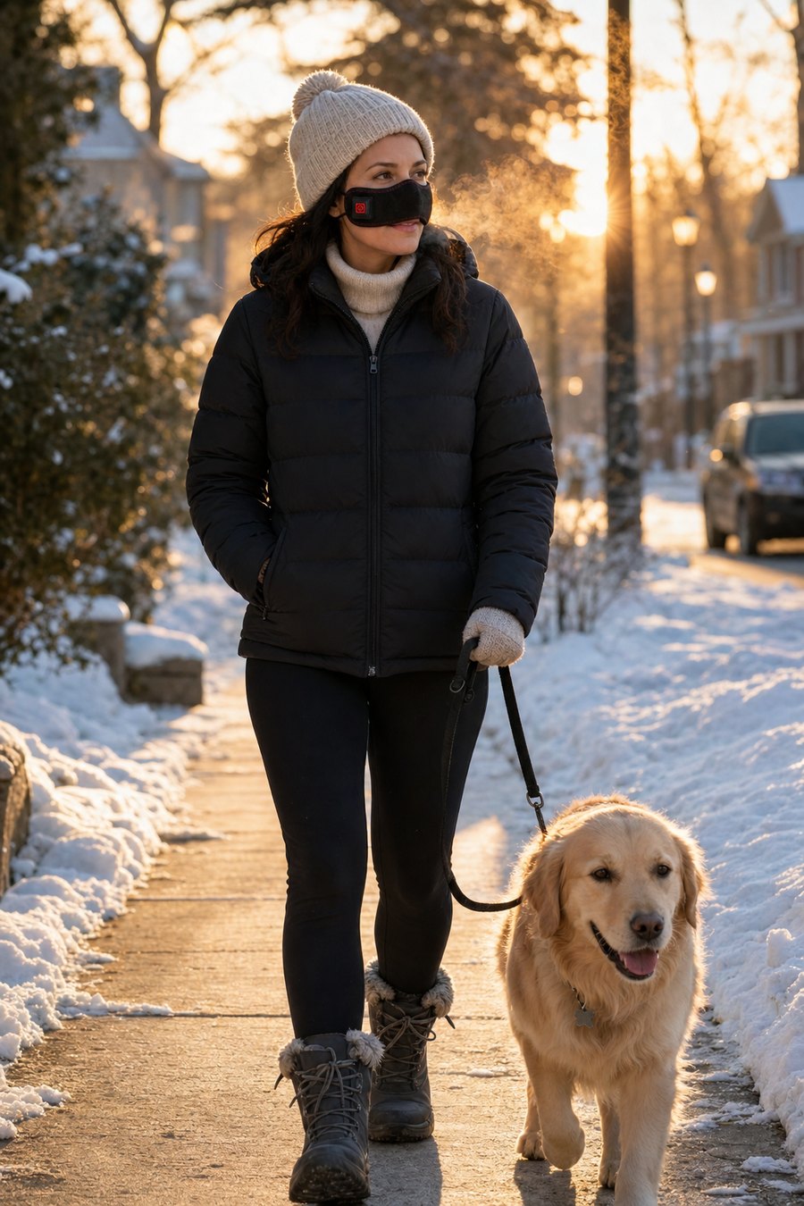 Woman on a winter walk wearing the Sinus Halo band