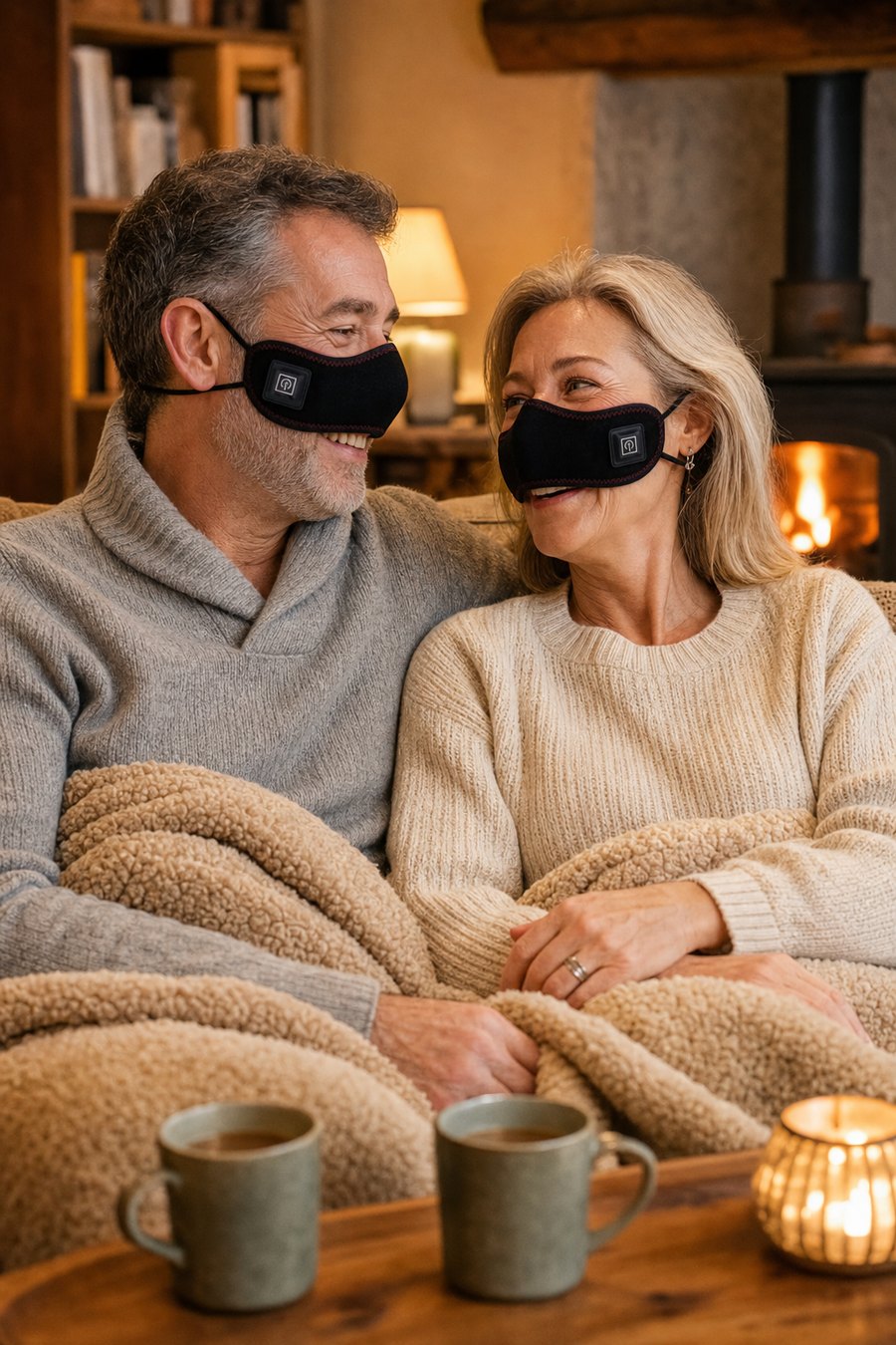 Couple at home both wearing Sinus Halo bands